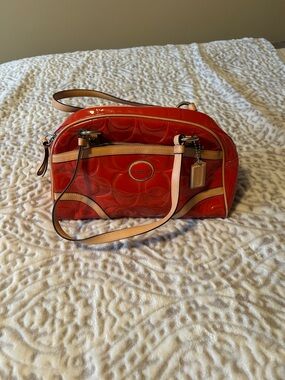 Coach Orange Patent Leather Shoulder Bag with Tan Trim